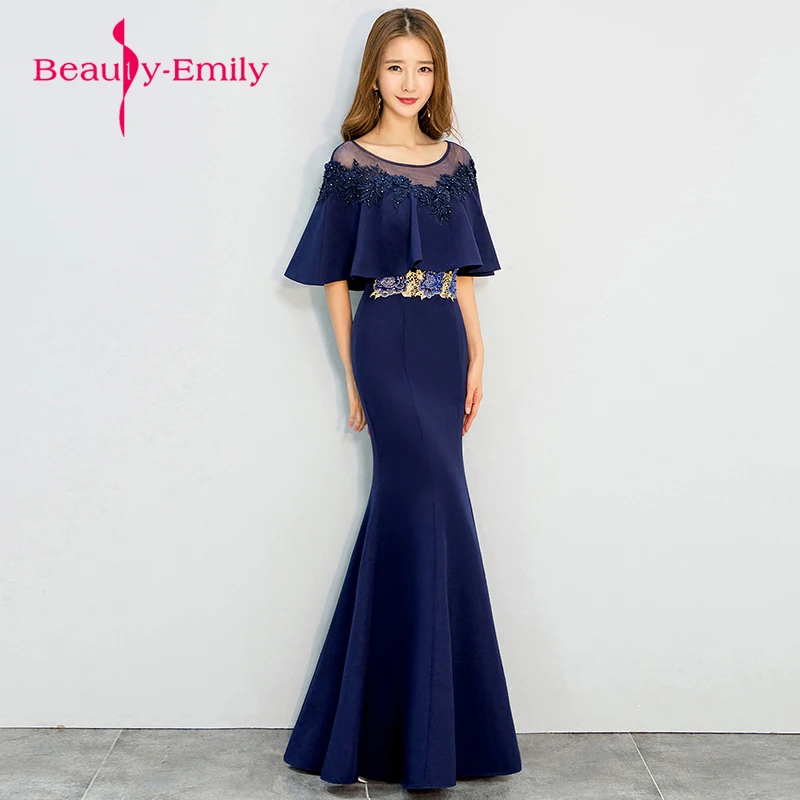 Beauty Emily Navy blue Evening Dress Cloak Cape Drape Tunic Formal Celebrity Elegant Evening Party fishtail Dress Spring