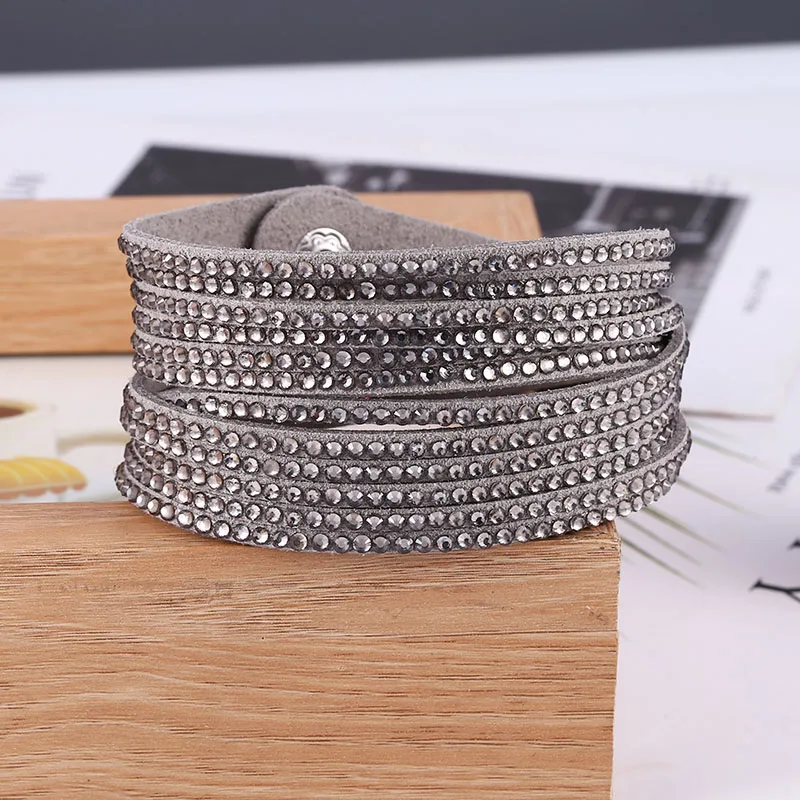 HOCOLE Vintage Rhinestone Crystal Wrap Multilayer Leather Bracelets For Women Charm Bracelet Bangles 2019 Fashion Jewelry Female