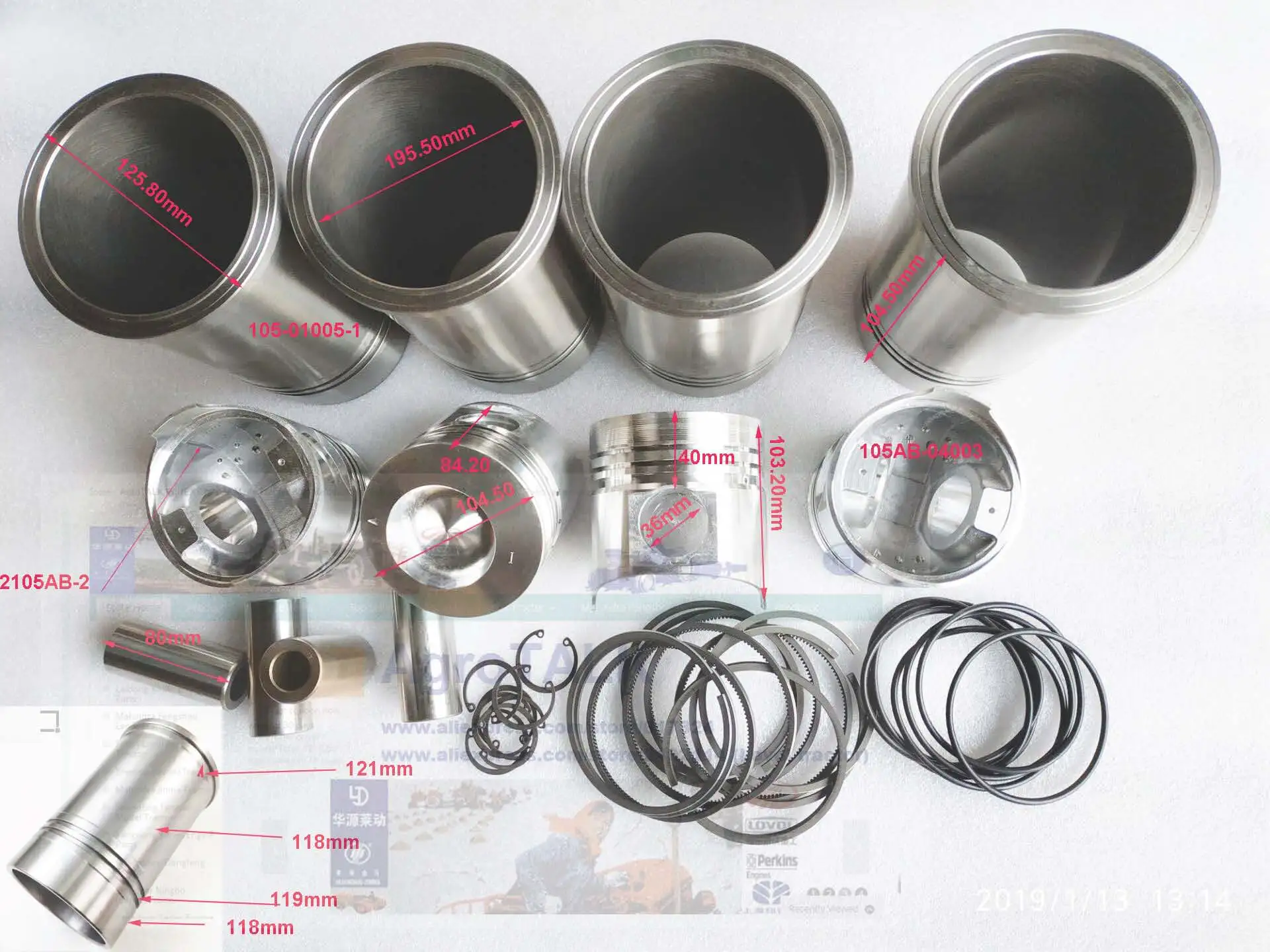 set of piston, piston rings, cylinder liners, piston pins, circlips, seals for Fujian Lijia engine SL4105BT2S-1, part number: