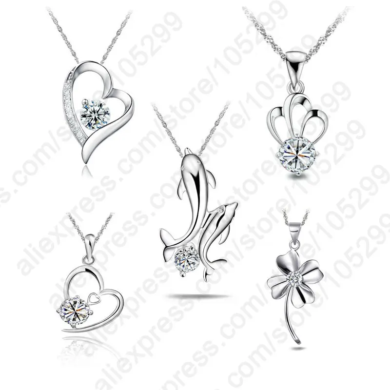 Nice 5PCS 5 Styles Real Pure 925 Sterling Silver Needle  Jewelry Heart Dolphin Cubic Zirconia CZ Animal Pendant Necklaces Sets