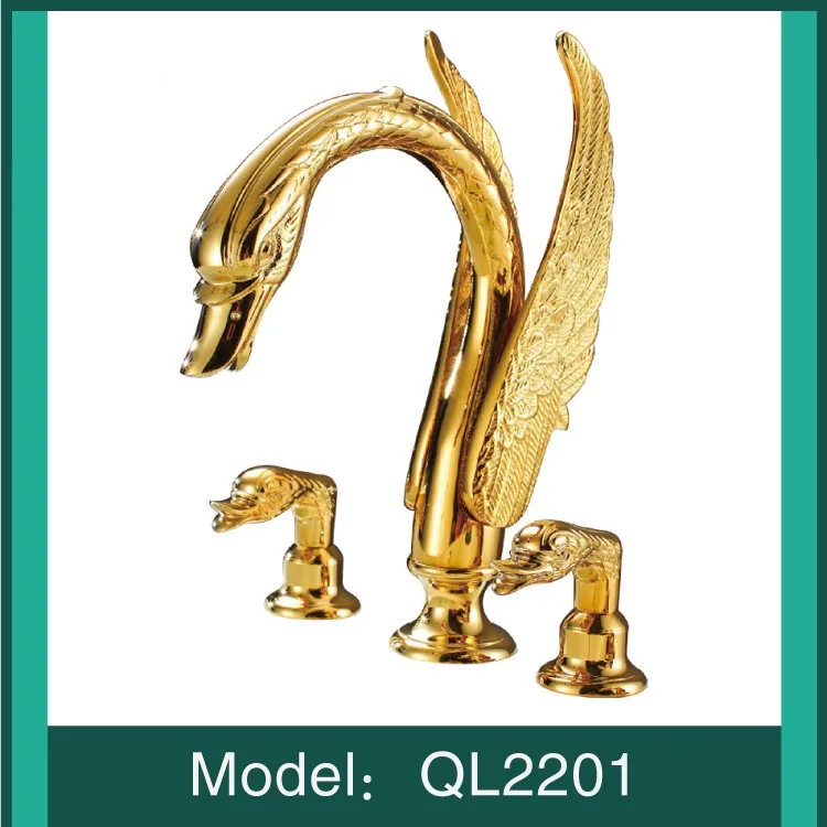 Luxury gold plated brass Swan bathroom sink faucet Art basin mixer faucet Cold hot water tap with pipe-High quality assurance