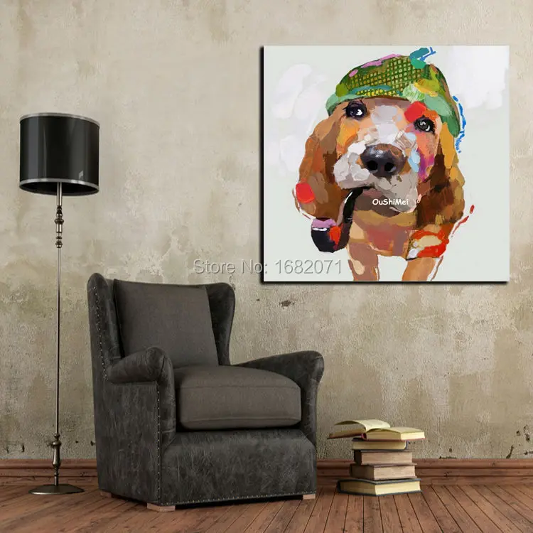 Top Artist Hand-painted Modern Wall Decorative Painting Funny Dog Smoking Oil Painting For Wall Decoration