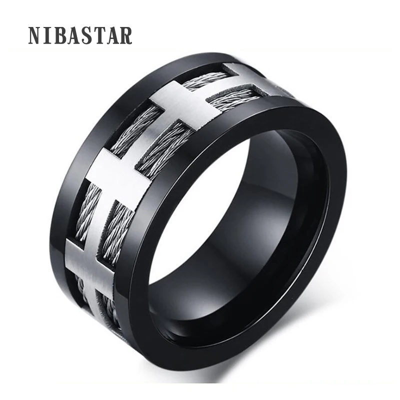 Hot Fashion Deisgn IP Black Plating 316L Stainless Steel Pave Matte Finish and Unique Cross For Punk Style Ring Jewelry