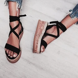 Cross Strap Shoes Women Lace Up Ladies FootWear Hemp Rope Wedge Shoes For Woman Platform Glodiator Sandals High Heels