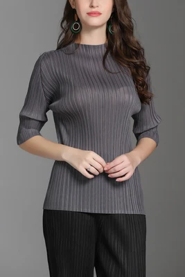 HOT SELLING fashion fold half-sleeved Half high collar  new sexy Thin permeable fabric T-shirt women IN STOCK