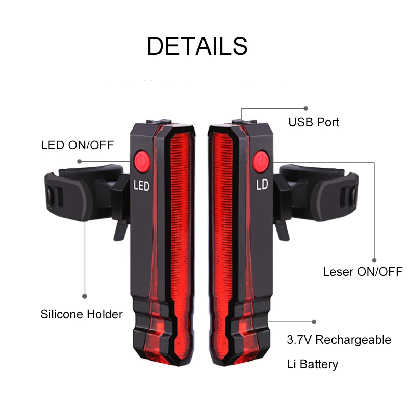 1 Piece/2 pcs USB Bike Rear Light 5 LED Bicycle Taillight 3 Modes Cycling Light Safety Warning Bike Back Light