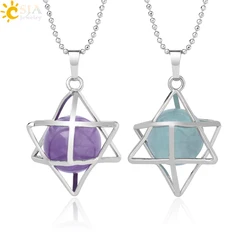 CSJA Natural Stone Hexagram Energy Pendants Necklace Religion Symbol Meditation Reiki Merkaba Pendant for Women Men Jewelry F876