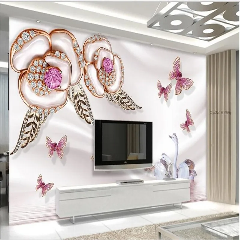 

wellyu Custom large - scale murals high - end luxury 3d jewelry flowers Swan Lake TV background wall non - woven wallpaper