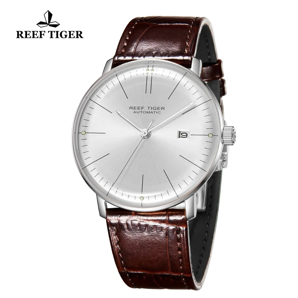 Reef Tiger/RT Luxury Brand Ultra Thin Watch Men Leather Strap Steel Automatic Watches Waterproof RGA8215