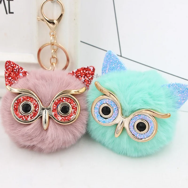 Cute Girls Bling Glitter Owl Keychain Women Fluffy Rabbit Fur Pompom Owl Key Chain On Bag Car Trinket Jewelry Party Gift