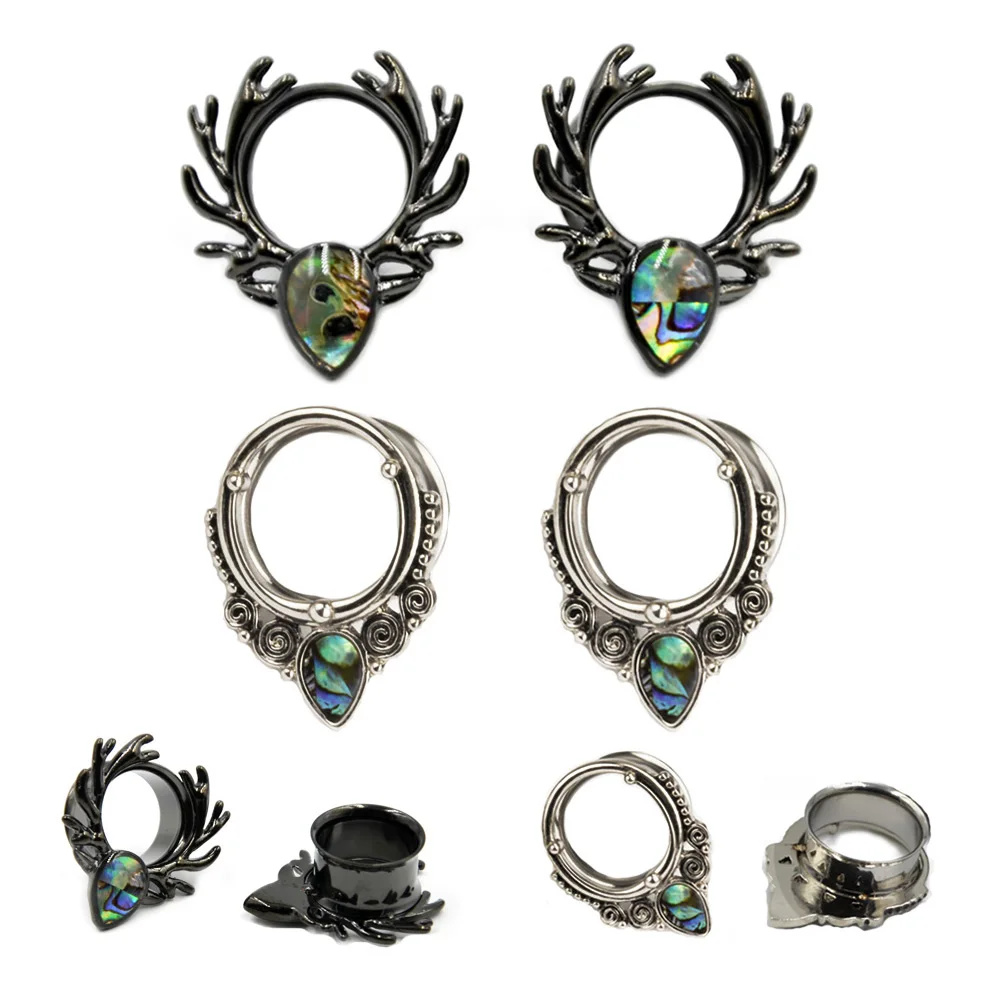 1 Pair Stainless Steel Ear Gauges Shell Deer Ear Plugs Double Flared Ear Tunnel Earrings Piercing Expander Tunnels Body Jewelry