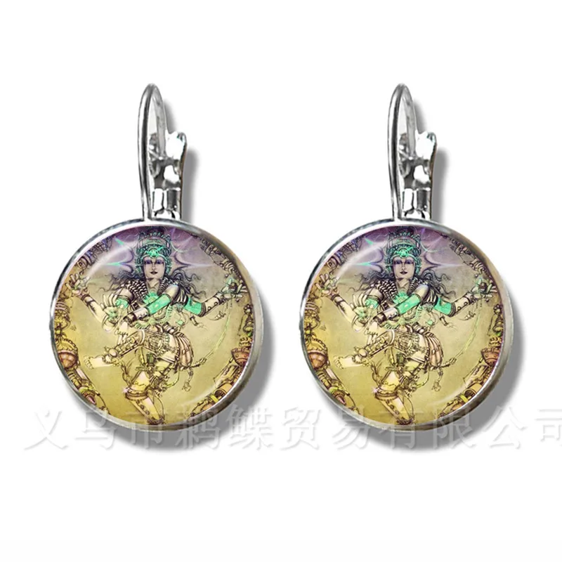 Classic India Earrings God Brahma,Vishnu, Lord Shiva Jewelry 16mm Glass Cabochon Silver Plated Stud Ear Religion Jewelry Gift