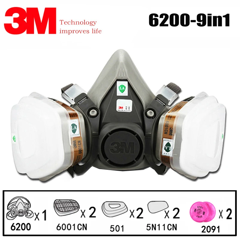 

3M 6200 9in1 Half Facepiece Reusable Respirator 6001 Organic Vapor Cartridge 2091 Dust Filters Protect Against Organic Gas Dust