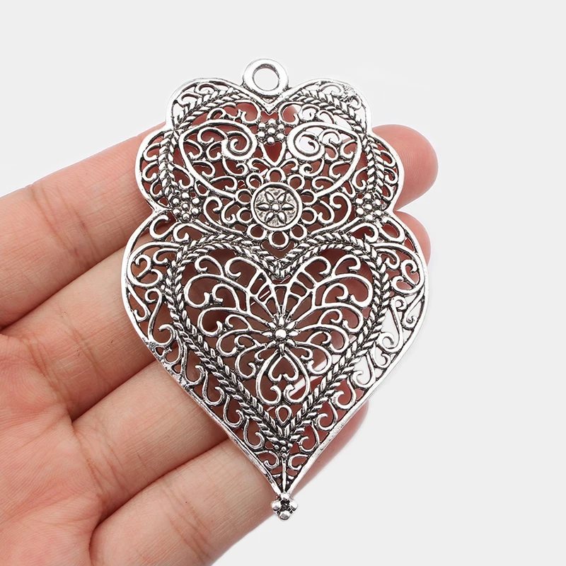 3pcs Tibetan Silver Large Hollow Filigree Owl Viana Heart Charms Pendant For DIY Necklace Earring Jewelry Making Supplies