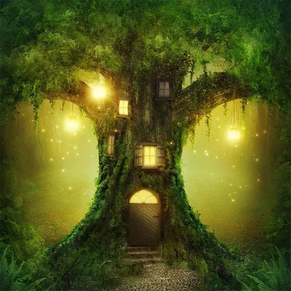 Fairy Tale Old Tree House Photography Backdrop Printed Lanterns Bling Fireflies Princess Girl Party Photo Booth Backgrounds