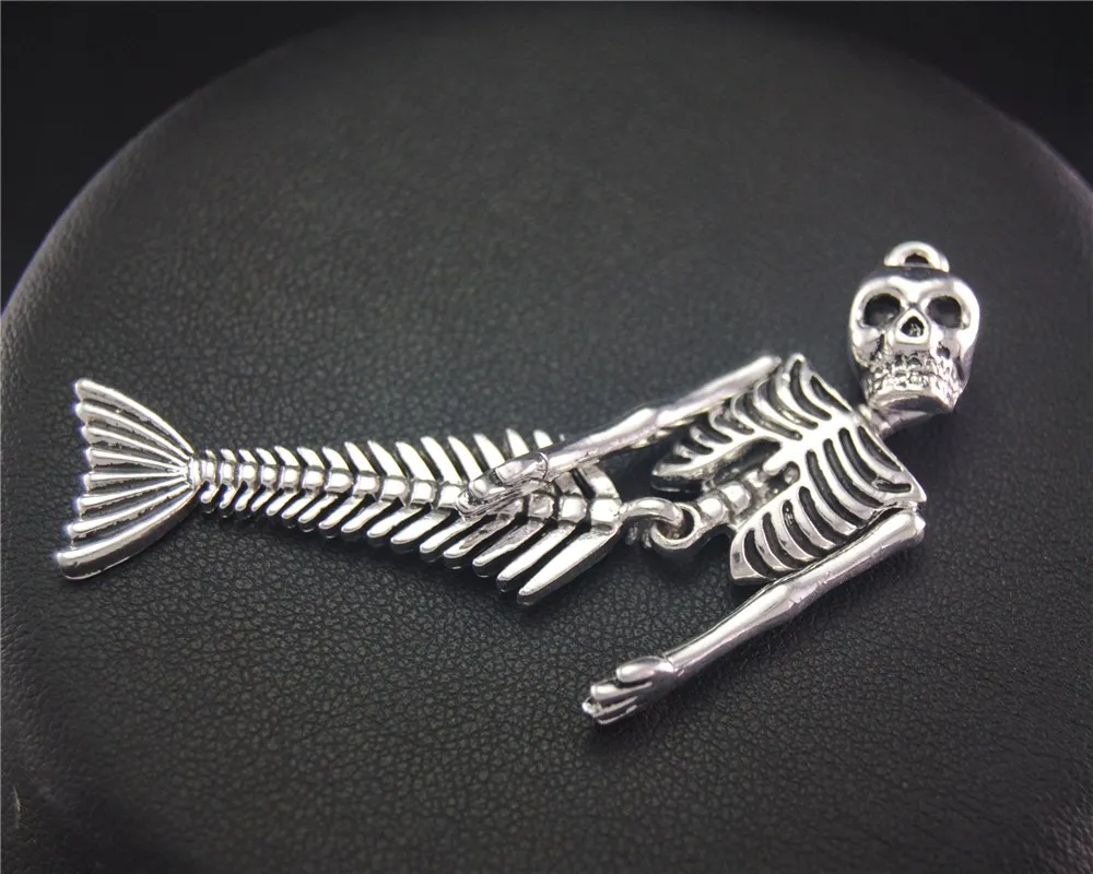 2Pcs  Silver Color  Mermaid Skeleton Charm Jewelry  Making DIY Handmade Craft  72x18mm A2033