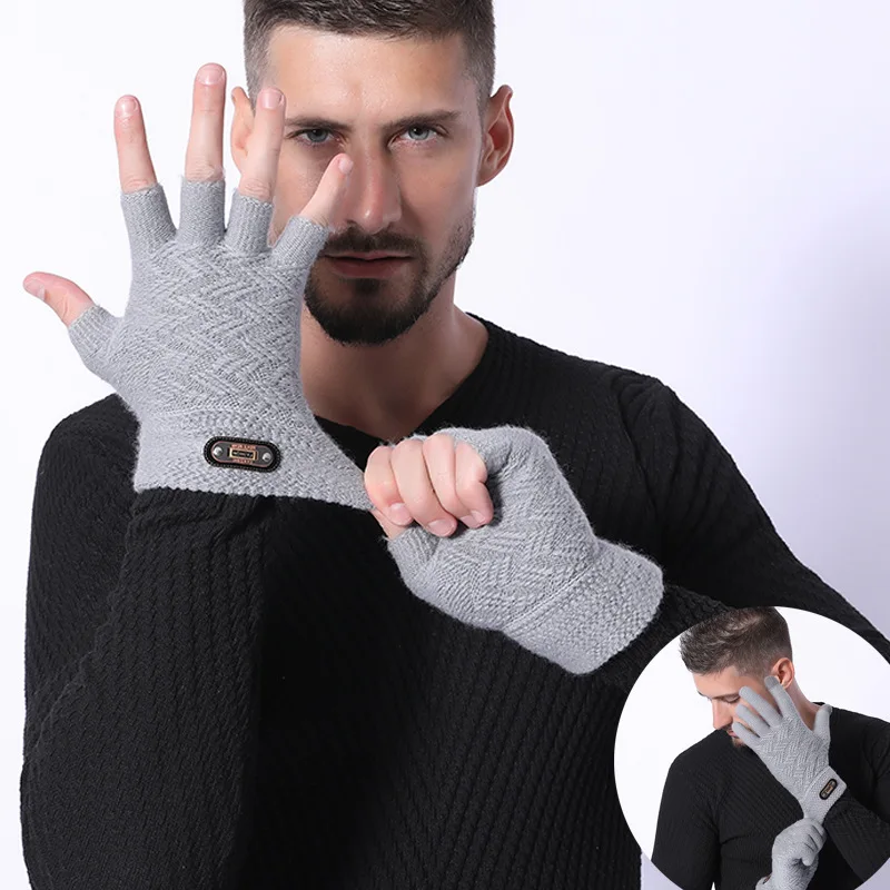 Fashion Winter Acrylic Wool Plus Plush Thick Jacquard Knit Warm Half Finger Mittens Men Full Finger Touch Screen Gloves C2