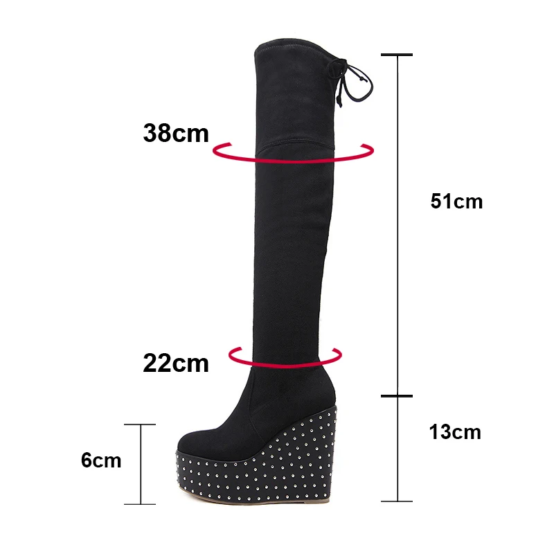 Rivet Wedges Platform Over The Knee Boots Winter Women Thick Bottom High Heels Shoes Woman Flock Lace Up Thigh High Boots WB1420