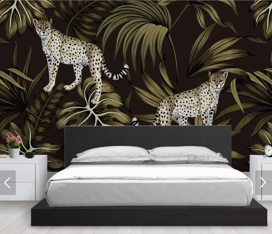 European Cheetah Animal Wallpaper Mural for Living Room Bedroom Wall Decor Hand Painted Contact Paper Tropical Murals Wall Paper