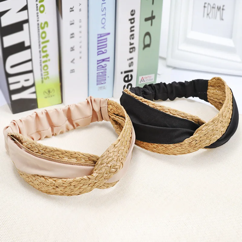 Boho Summer Straw Weaving Center Knot Bow Tie Fabric Hairband For Women Cross Handmade Headbands Girls Holiday Hair Accessories