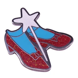 Gorgeous vintage sparkly Ruby slippers lapel pin Wizard of Oz Dorothy shoes and wand brooch fans addition