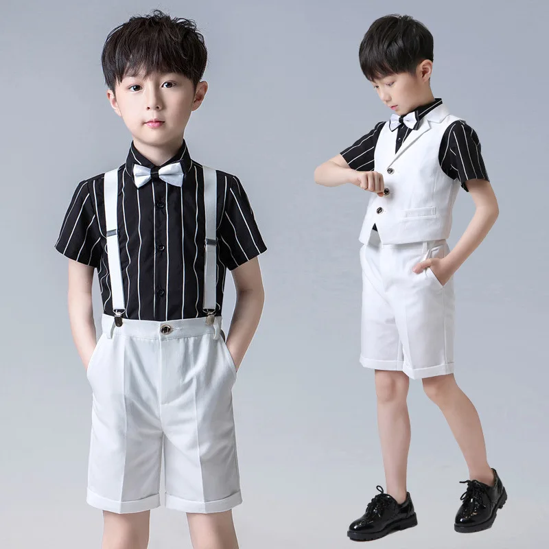 Kids Vest+Shirt+Shorts+Tie Clothing Set Flower Boys Wedding Tuxedo Dress Gentleman Formal Party Suit Children Graduation Costume