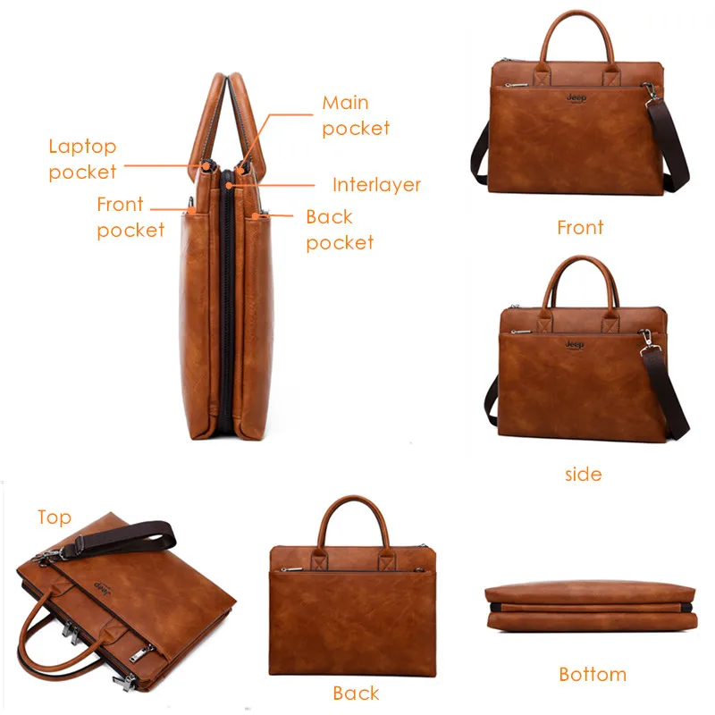 JEEP BULUO Brand High Quality 14 inch Laptop Business Bags Men Briefcases Set For  Handbags Leather Office Large Capacity Bags