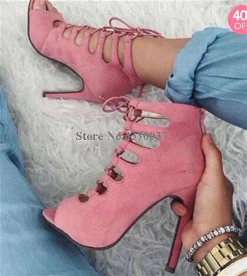 Linamong موضة جميلة اللمحة تو جلد الغزال كعب ستيليتو المصارع مضخات الوردي البيج الأحمر الدانتيل متابعة الأشرطة عبر الكعب العالي