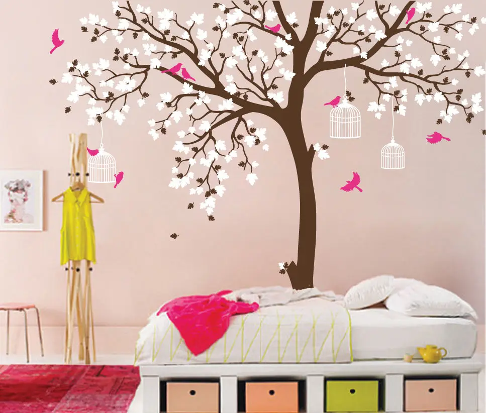 Bird Cage Tree Nursery Room Decor Baby Room Wall Decal Large Tree With Birds Leaves Wall Stickers For Kids Room Wall Tattoo D371