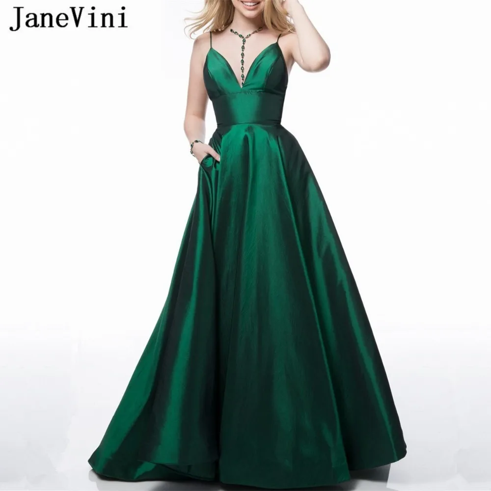 JaneVini-Vestidos De graduación De línea A, color verde oscuro, talla grande, largos, sexys, tirantes finos, tafetán, tren De barrido, Espalda descubierta, 2019