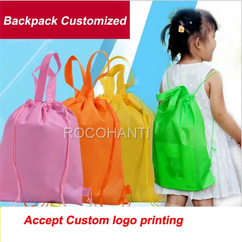 

100x Non woven Drawstring Bag Kids Shoulder Schoolbag Eco-friendly Custom LOGO Boy & Girls Backpack Tote Gift Bags for School