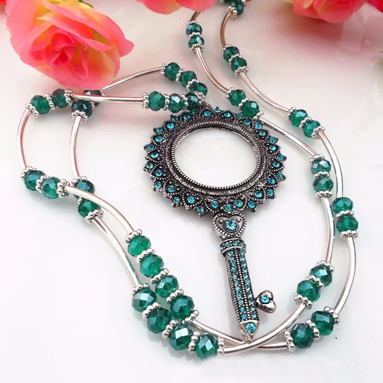 ZY DIY Vintage Brand Quality Green Gem Stone Lucky Key Silver Chian Monocle DIY Sewing Tools