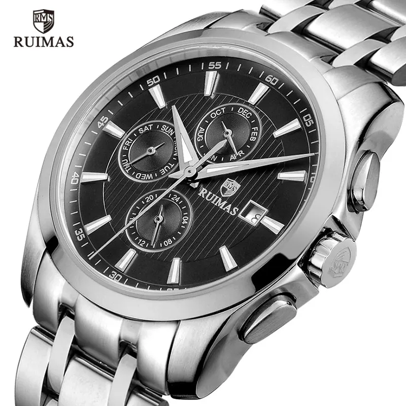 

RUIMAS Men's Stainless Steel Business Quartz Watches Top Brand Luxury Chronograph Wristwatch Relogios Masculino Clock 6688Black