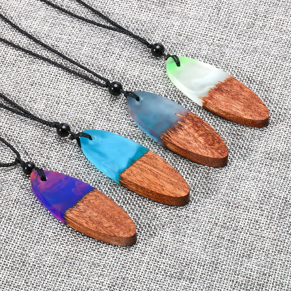 HOCOLE Fashion Handmade Resin Wood Pendant Necklace For Women and Men Geometric Pendant Black Rope Chain NecklaceJewelry Bijoux