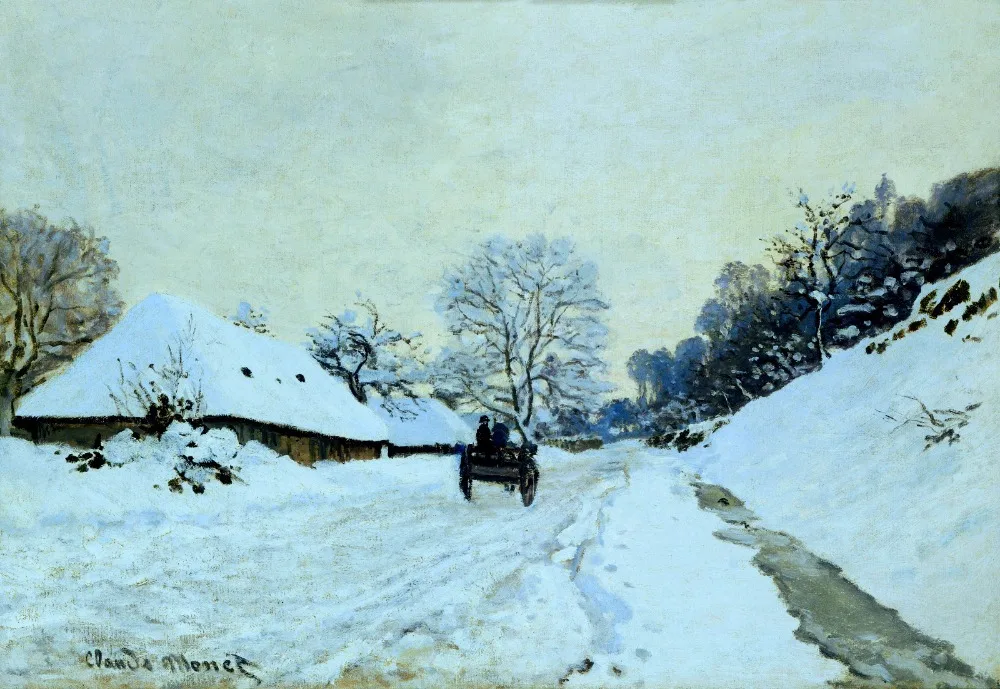 100% handmade landscape oil painting reproduction on linen canvas, cart-on-the-snow-covered-road-with-saint-simeon-farm BY MONET