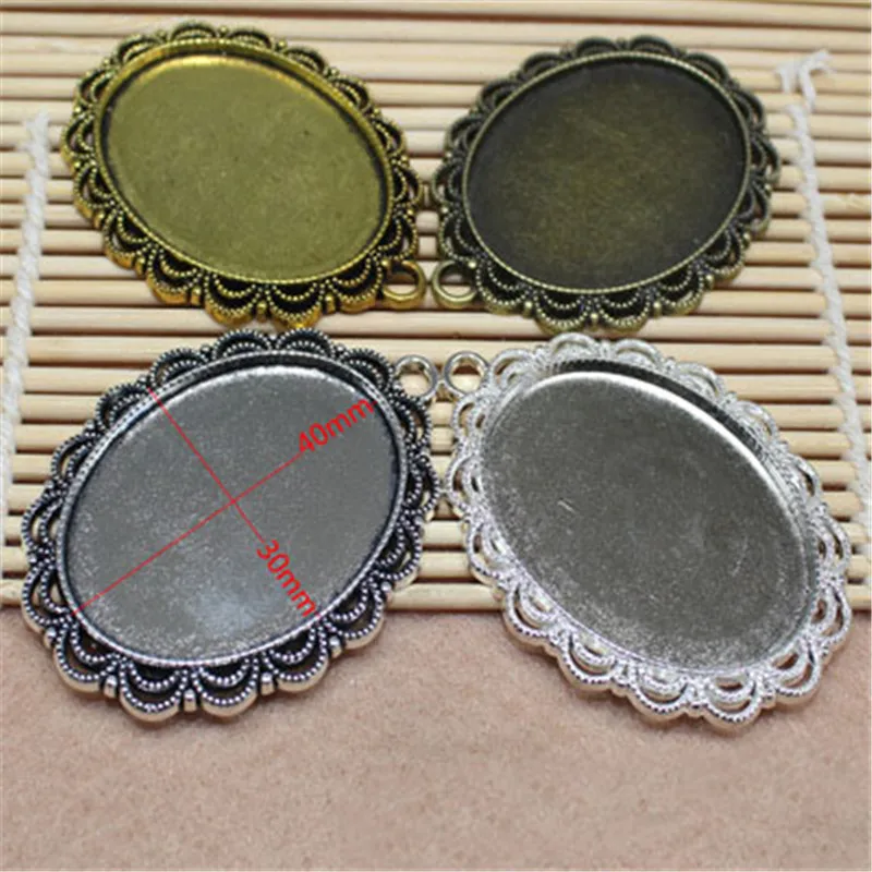 

10pcs/lot Metal Alloy Flower Pendant Blank Base Settings Fit 30x40mm Glass Cabochon Cameo Bases Bezel Trays DIY Jewelry Making