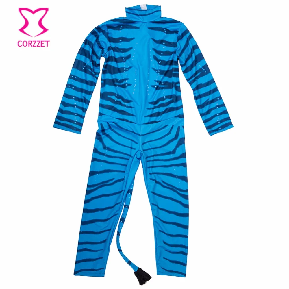 Corzzet Blue Cotton Long Sleeve Blue Zebra Catsuit with Tail A-FAN-DA Cosplay Burlesque Hallloween Mens Costume