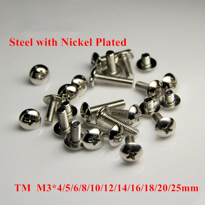 

100pcs TM M3*4/5/6/8/10/12/16/20/25mm Phillips Truss Head Machine Screws Large Pan Cross Recessed Mushroom Screw Steel Nickel