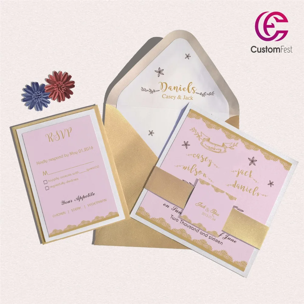 

30pcs/lot color pink with gold edge personalized liner envelop pink and gold invitation and RSVP set L202S046