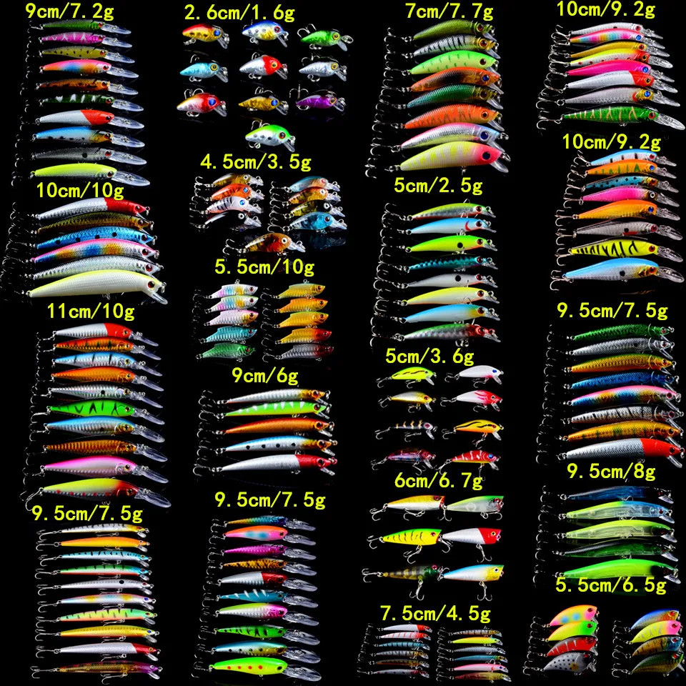 159pcs/lot Fishing Lures Set Mixed 19 Model Wobblers Fishing Tackle 159 Colors High Quality Minnow/Crank/VIB/Popper bait MIX