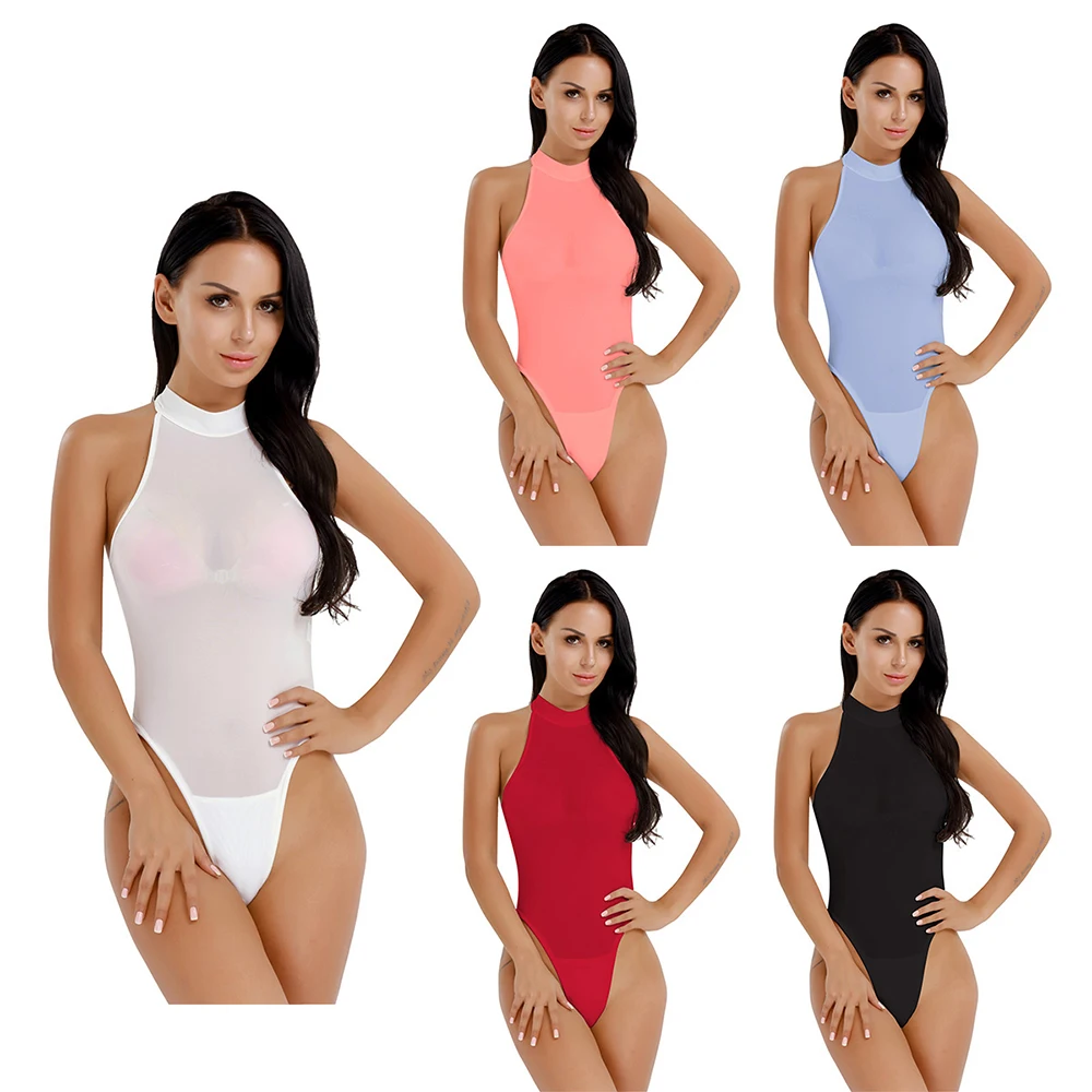 iiniim Womens Lingerie Bodycon Night Club Mock Neck High Cut Open Butt Crotchless Thong Leotard See Through Bodysuit Jumpsuit