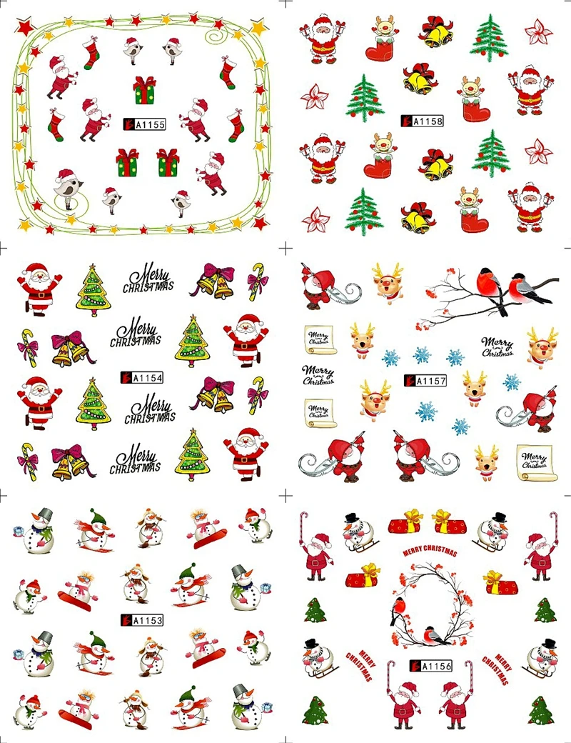 12 Sheets Water Transfer Nail Art Stickers Decals Nails Decorations Manicure Tools Christmas tree Santa Claus Snowman Design