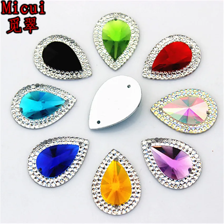 Micui 50pcs 18*25mm AB Color Drop Resin Crystal Resin Rhinestones Beads Flat back Sewing Buttons Sew On 2 hole ZZ474