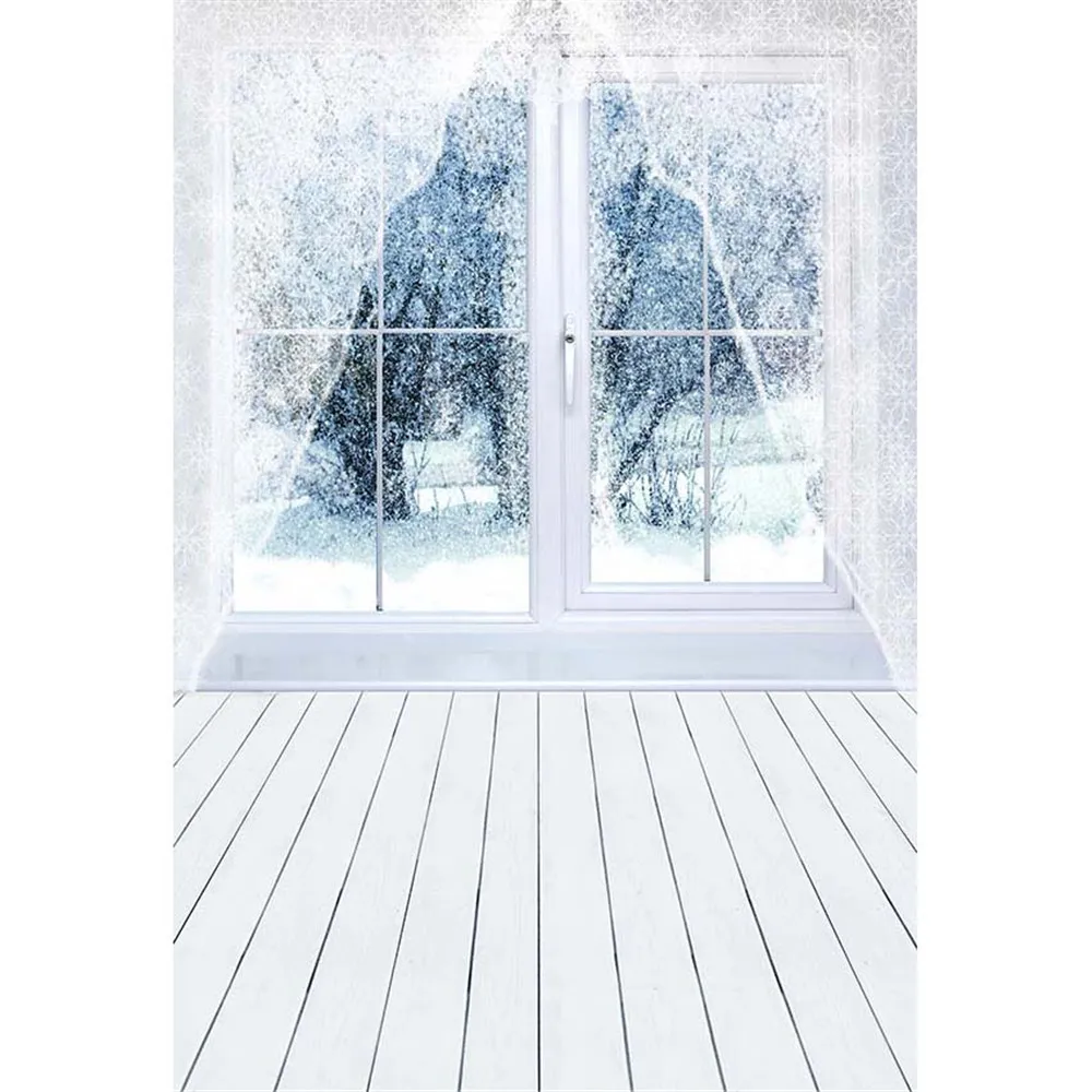 

Winter Snow Scenery Outside Window Photography Backdrops Wood Floor Printed Lace Curtain Children Girls Photo Shoot Background