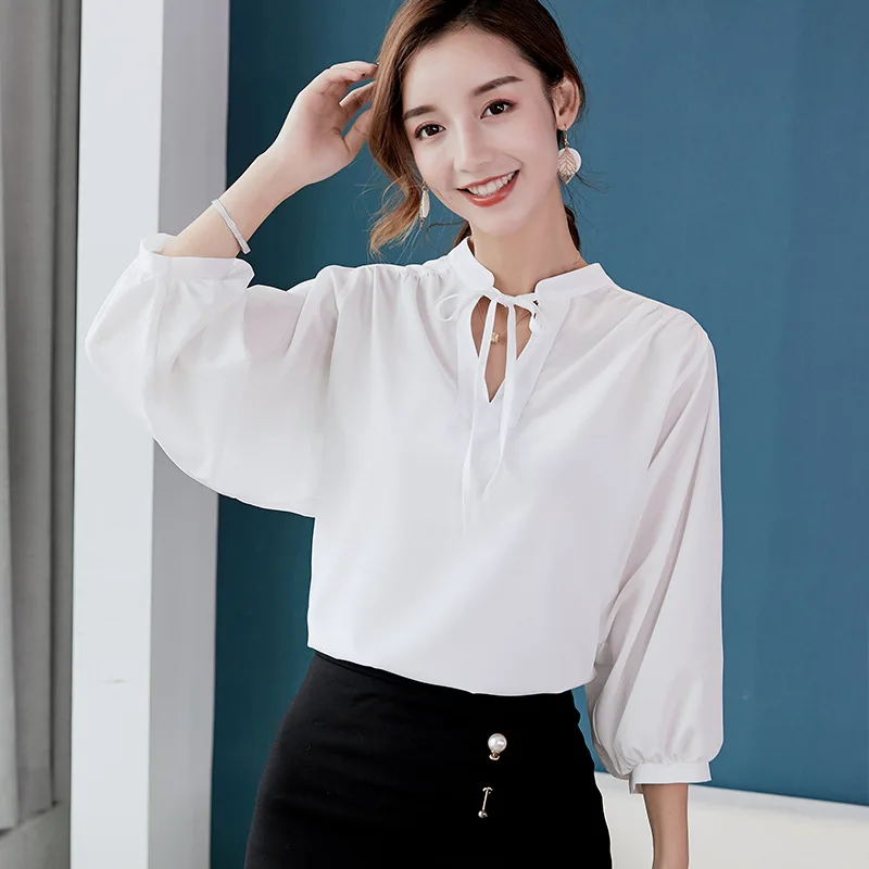 Spring Summer Chiffon Shirt New Women Fashion Loose Pure Color Blouse Office Ladies Korean Leisure Nine Points Sleeve Top H9121