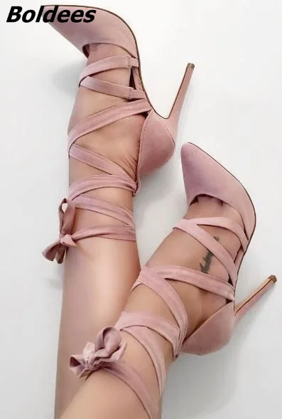 

Classy Pink Suede Cross Strap Thin Heels Sexy Butterfly-knot Pointy Cut-out Stiletto Heel Pumps Fashion Ankle Lace Up Dress Shoe