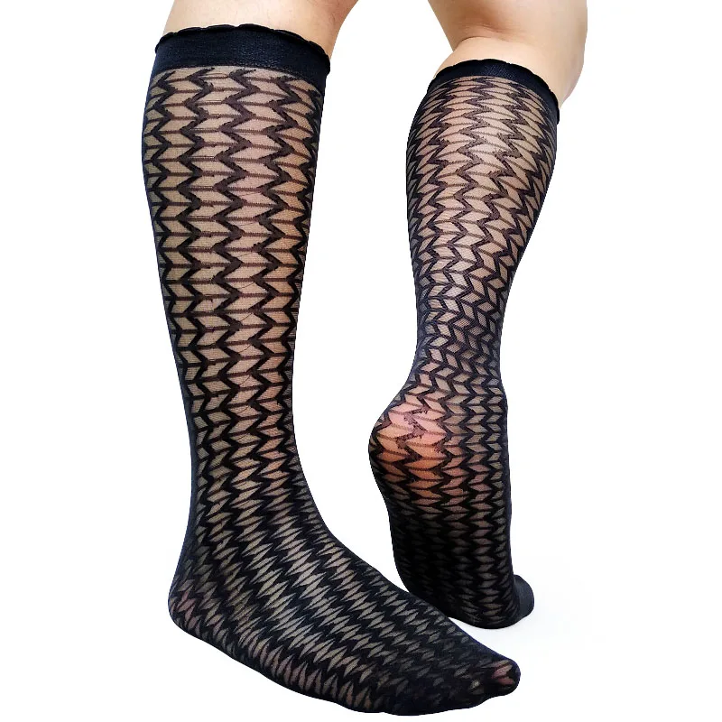 Wave Line Striped Mens Silk Socks Kneel High Thin Sheer Softy Formal Dress Gay Male Sexy Stocking Fetish Collection Hose