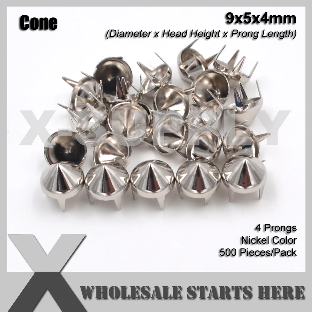 Punk Round Cone Stud 9mm in Silver with 4 Prongs for Leather Craft/Bag/Shoe/Clothing