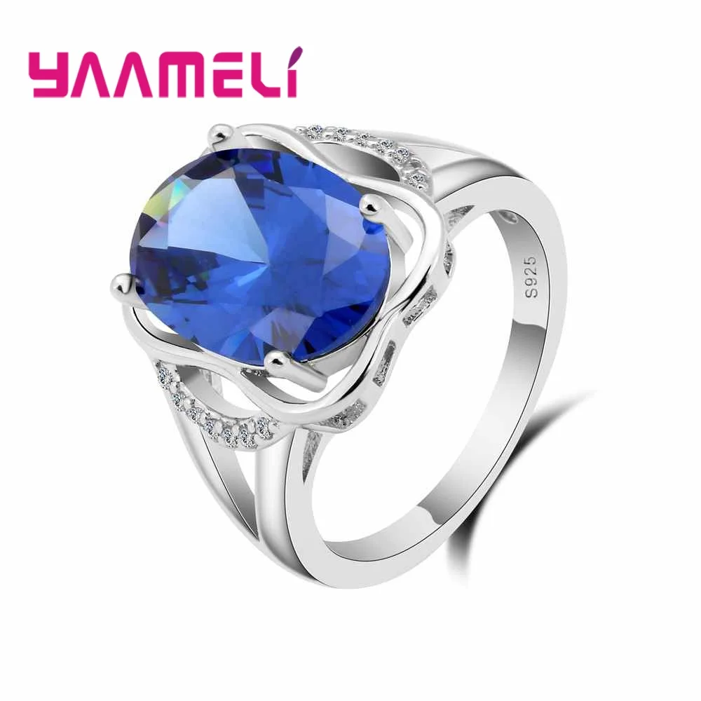 Princess Cutting 925 Sterling Silver Ring Romantic Blue Oval Cubic Zircon Wedding Jewelry for Women Bride Free Shipping