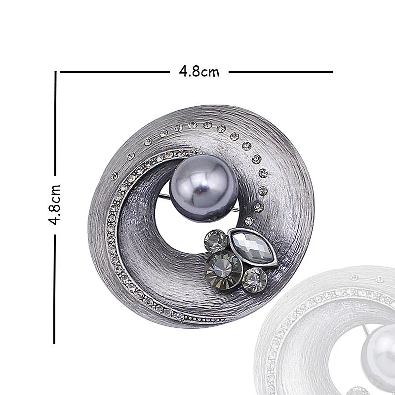 Retro Round Brooch Black Crystal Rhinestones Brooches for Women Suit Accessory Simulated Grey Pearl Round Shape Pin Hot BH8230